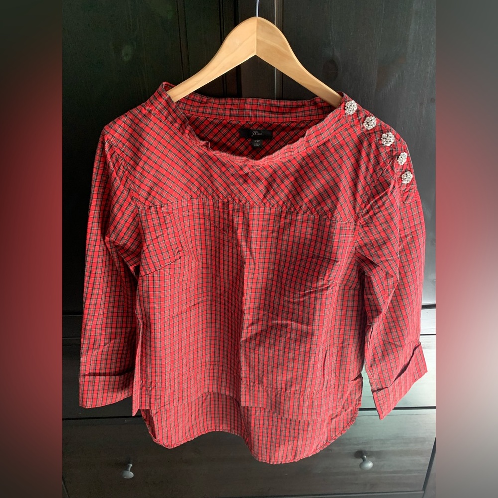 J.Crew, red plaid, funnel neck top with jewel shoulder detail, 10P
